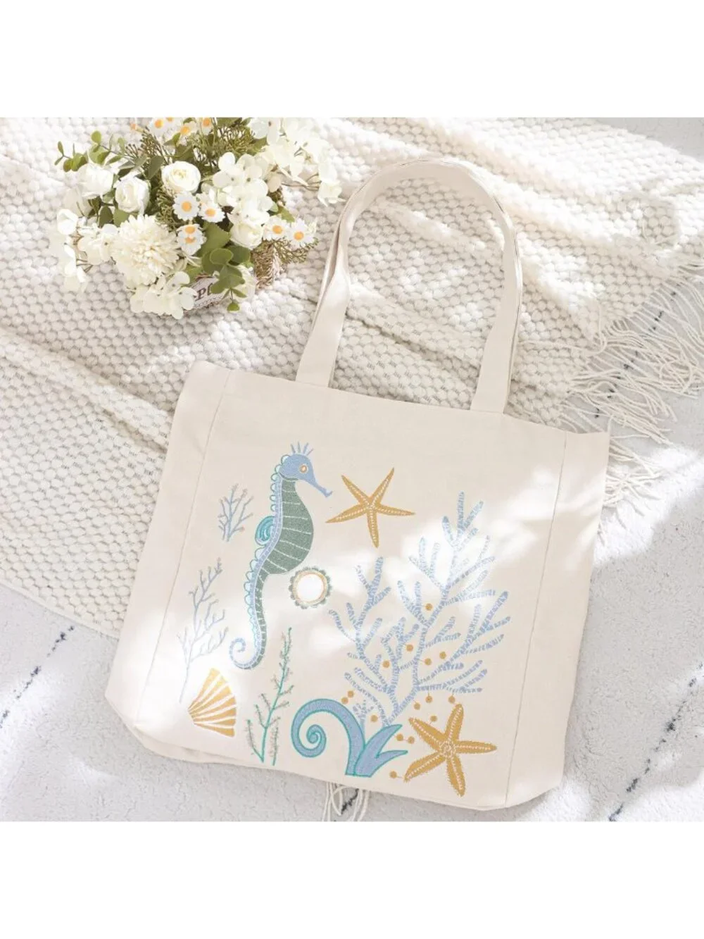 Ocean-Inspired Embroidered Tote Bag for Women | Summer Canvas Beach & Grocery